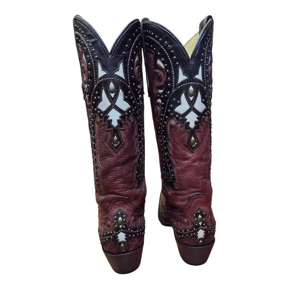 Corral Women's Cordovan Studded Overlay Cowgirl Boot Snip Toe, Sz 6.5 (fits a 7)